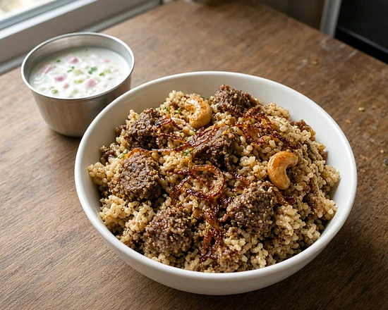 Beef biriyani with kaima rice, fried onions and cashews in a white bowl with a cup of raita