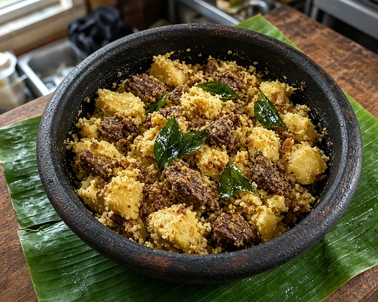 Kappa biriyani, tapioca mixed with beef curry and curry leaves, in a black clay pot on a banana leaf