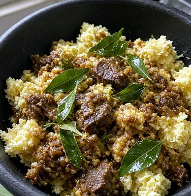 Kappa biriyani, tapioca mixed with beef curry and curry leaves, in a black clay pot on a banana leaf